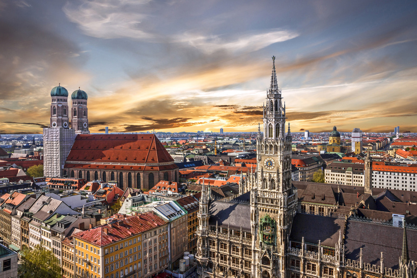 Munich sunset panoramic architecture, Bavaria, Germany. Frauenkirche and town hall on Marienplatz